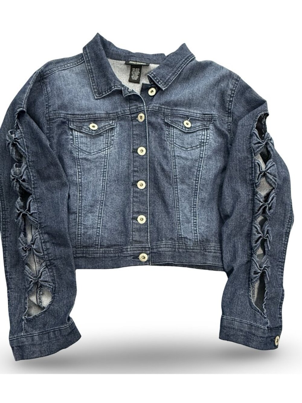 Ashley Stewart Denim Jacket Womens 22/24 Blue Bow Cutout Sleeves Cropped Stretch